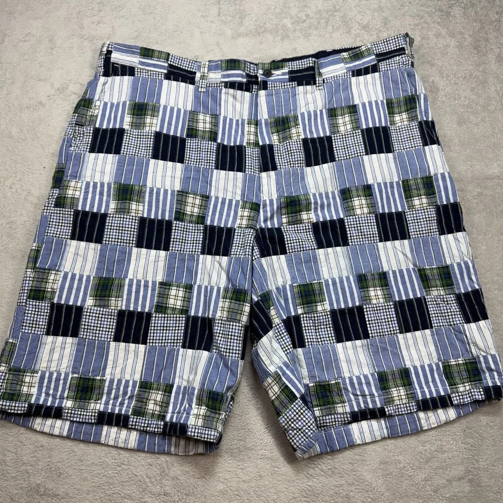 Tommy Hilfiger Shorts Mens 42 Blue Green Patchwork Madras Plaid Preppy Summer - Picture 1 of 11